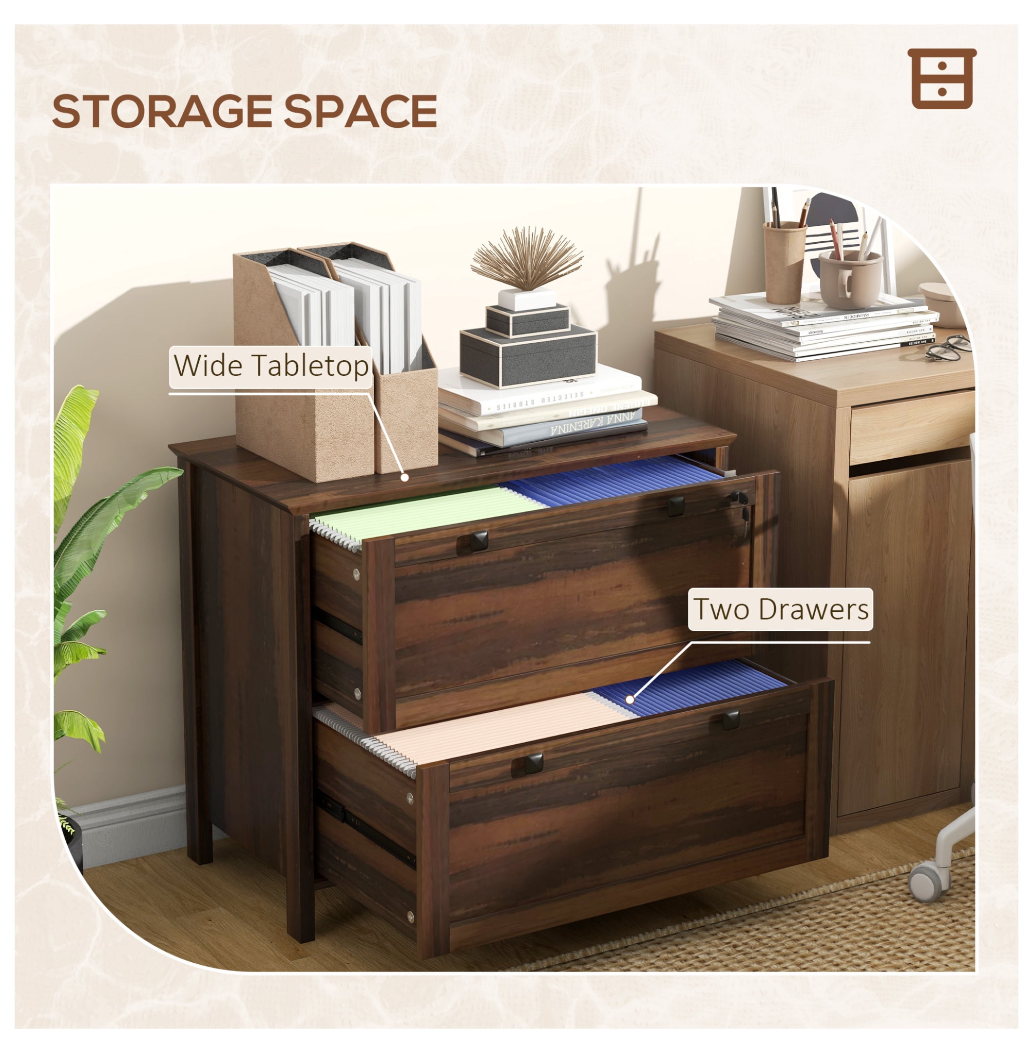 2 Drawer File Cabinet with Lock, Lateral Filing Cabinet with Keys and Adjustable Hanging Bar for Letter, A4 and Legal Size, File Cabinet for Home Office, Brown Brown + Particle Board