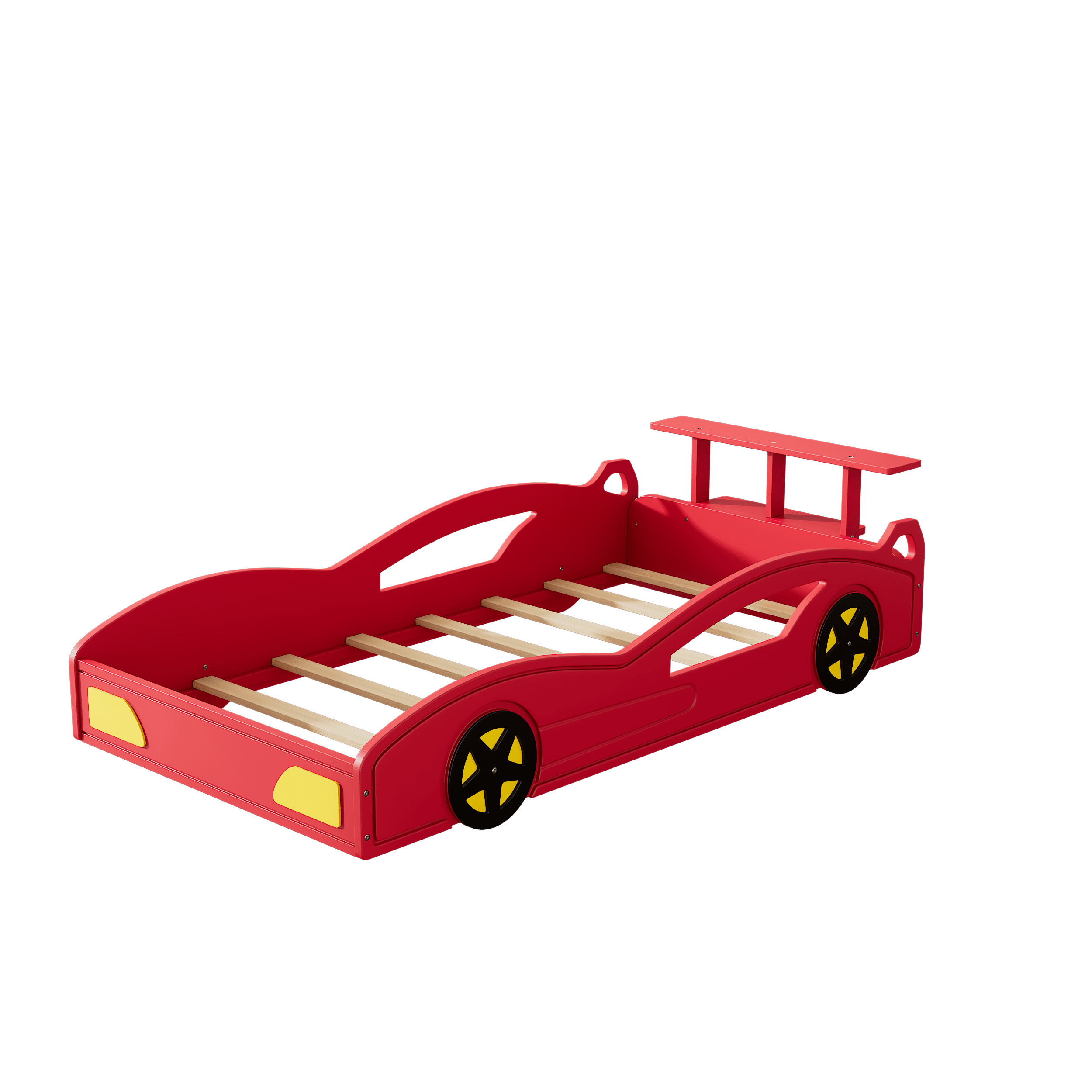 Wooden Race Car Bed,Car-Shaped Platform Twin Bed with Wheels For Teens,Red & Yellow (Old SKU: WF310553AAJ)