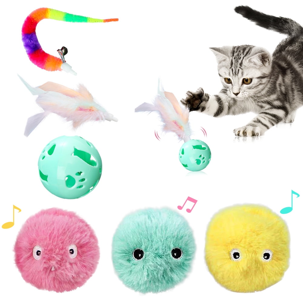 EASTIN 6 Pack Fluffy Plush Cat Ball Toys, Interactive Chirping Balls Cat Kicker Toys,Fun Kitty