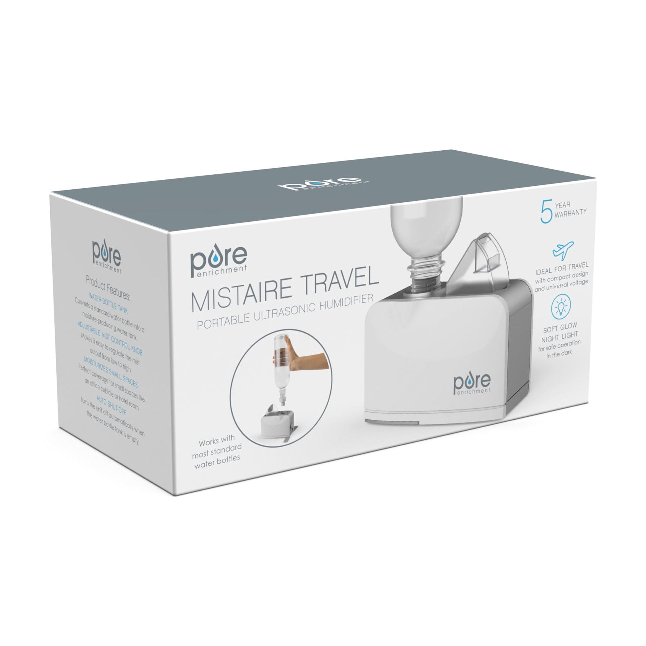 Pure Enrichment MistAire Travel - Ultrasonic Cool Mist Water Bottle Humidifier with Auto Shut-Off, Mood Light, Fold-Out Leg, and Storage Bag for Portable Use at Home, Office, Hotel, and More