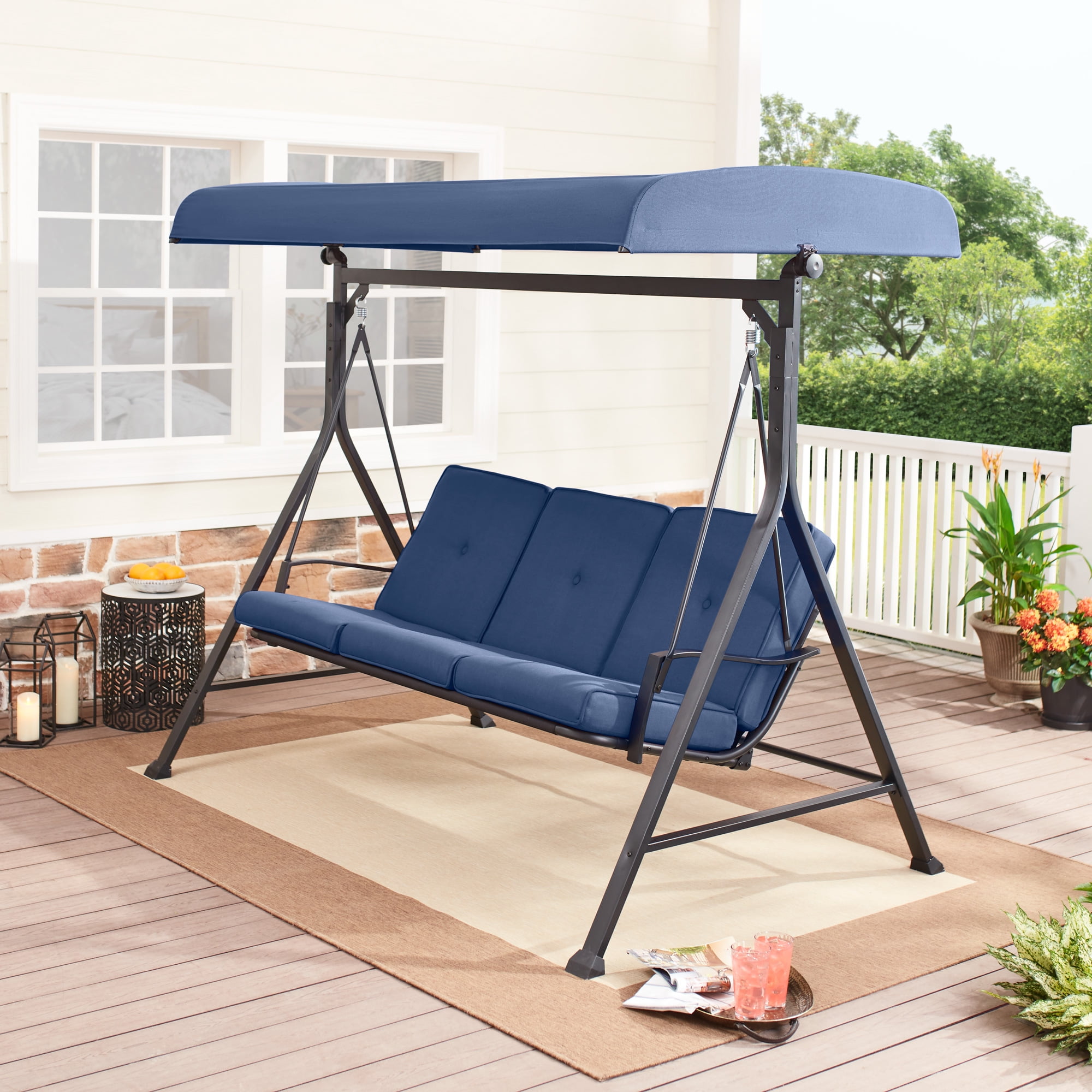 Mainstays Forest Hills 3 Person Steel Porch Swing Blue Black