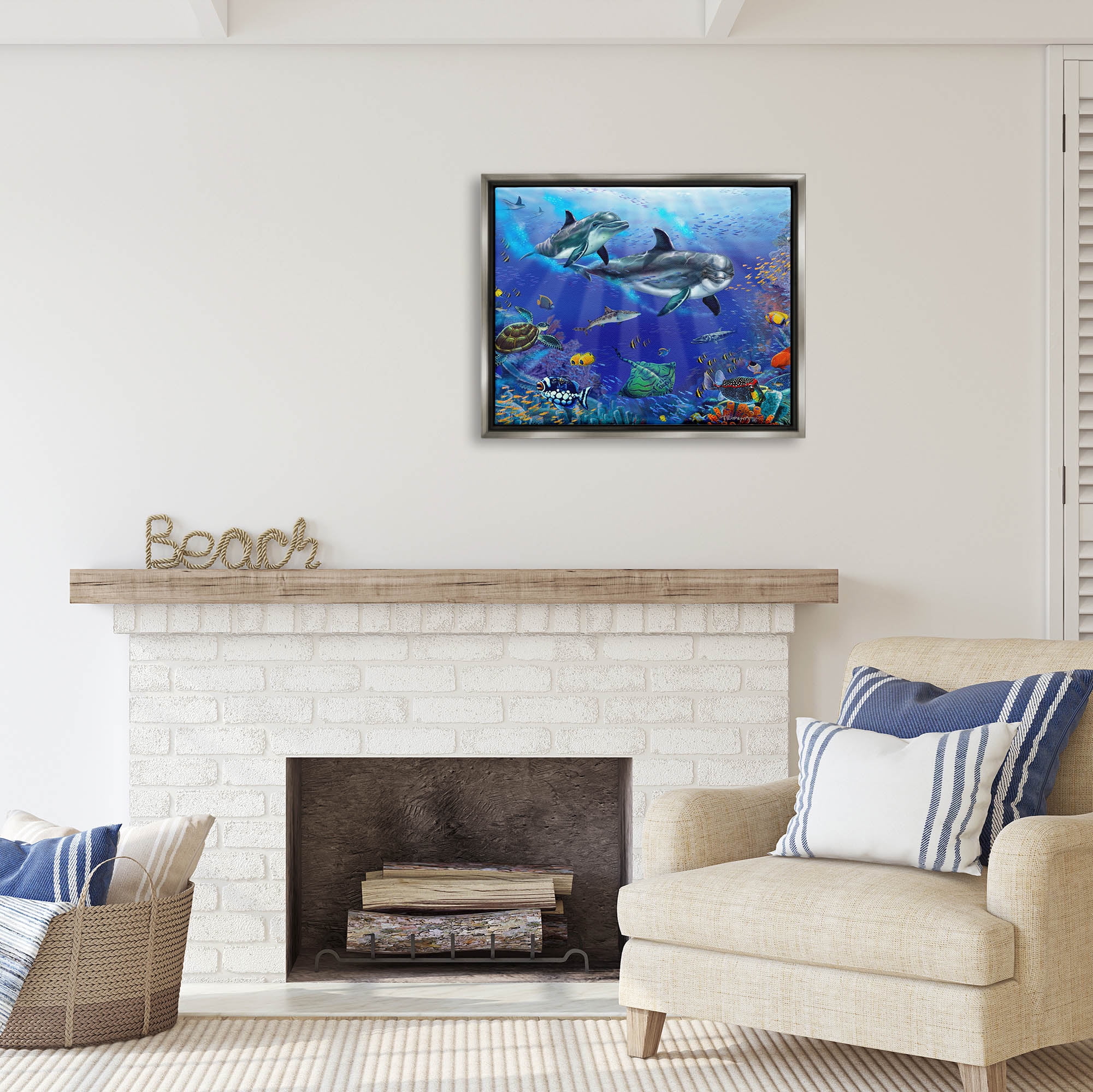 Stupell Industries Underwater Sea Life Scene Dolphins Coastal Painting Gray Floater Framed Art Print Wall Art