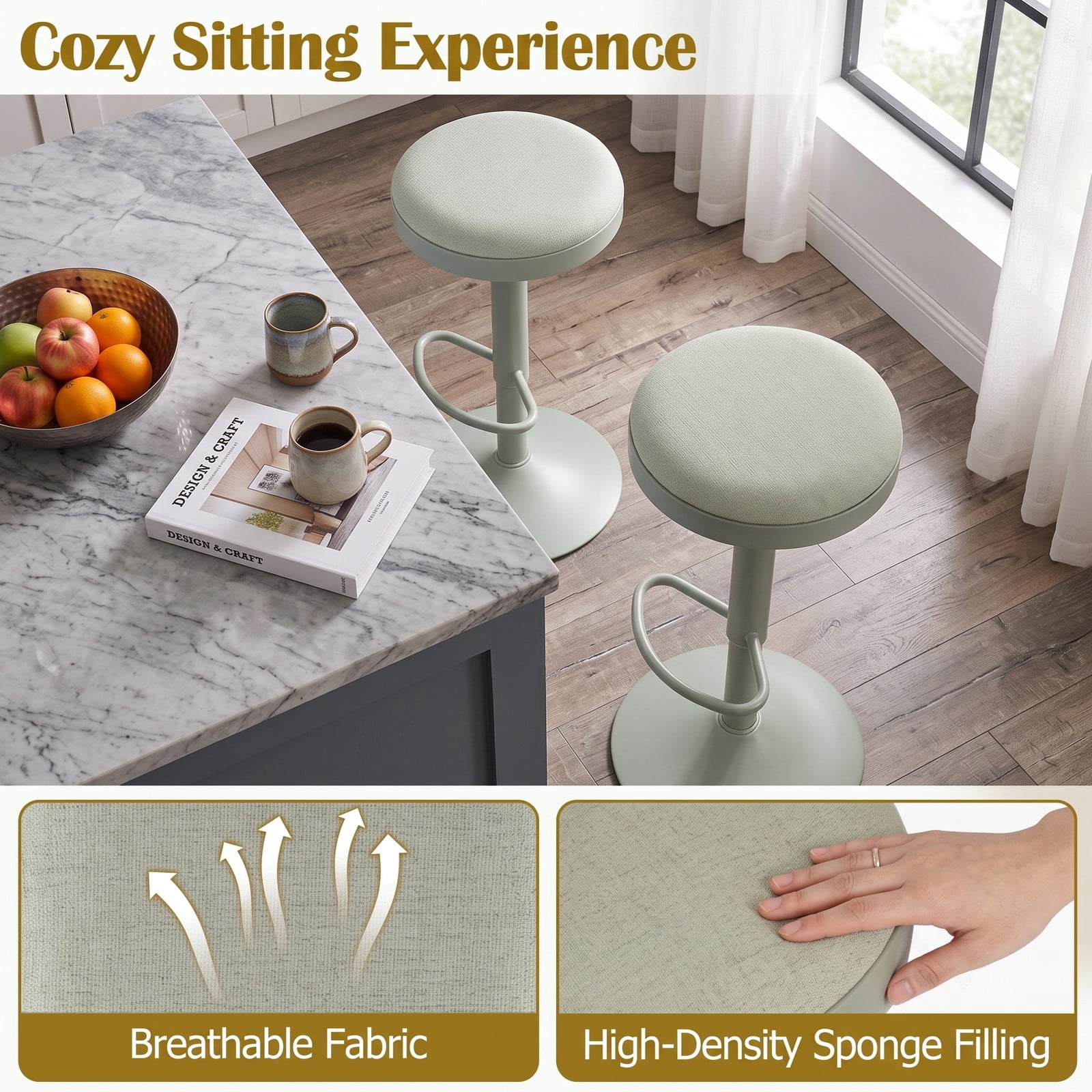 Furnibear Set of 2 Swivel Bar Stools, Height Adjustable Counter Stools with Cushioned Fabric Seat, D-Shaped Footrest and Rubber-Ring Base for Kitchen Island, Green
