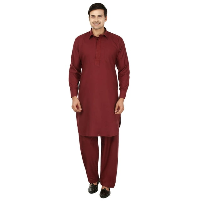 Maple Clothing Ensemble Kurta Pathani Salwar pour Homme Tenue de Fête Indienne (Bordeaux, L)