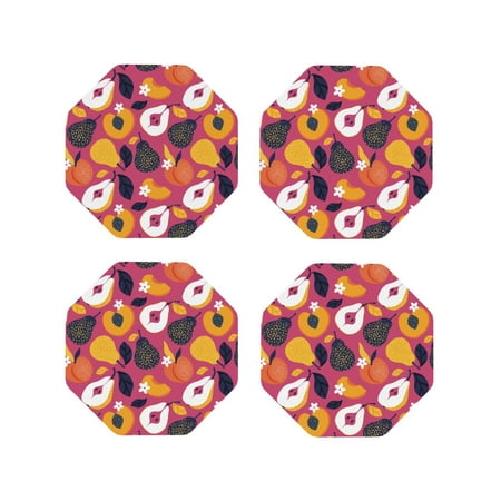 

Drink Coasters Set of 4 Cute Pear Peach Gold Flower Leather Coasters for Coffee Table Protector Heat Resistant Cute Coasters for Home Decor Housewarming Gifts Bar Kitchen 4 Inch Octagon