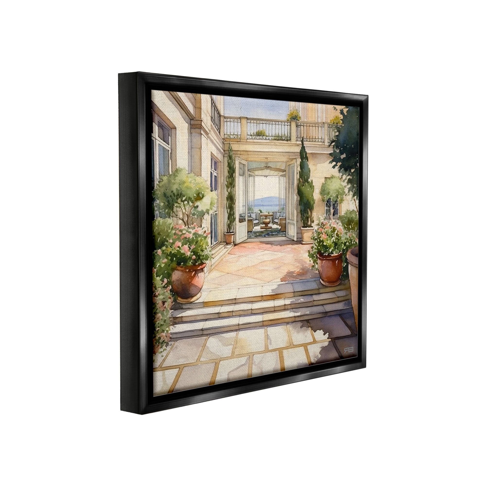 Stupell Industries European Villa Architecture Botanical & Floral Painting Black Floater Framed Canvas Art Print Wall Art, 18 x 18