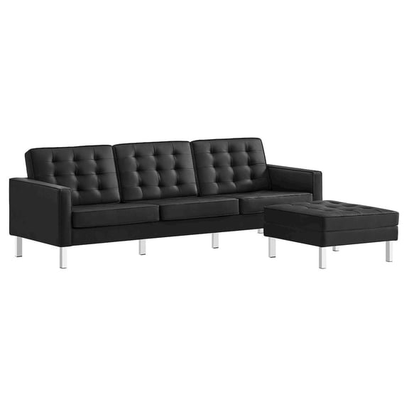 Modway Loft Tufted Vegan Leather Vinyl Sofa and Ottoman Set in Silver and Black