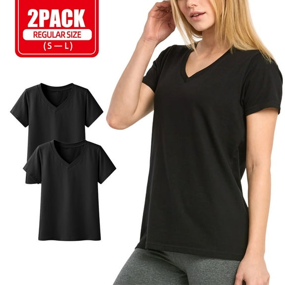 2 Pack Women's 95% Cotton T-Shirts V Neck Classic Fit Short Sleeve Regular Size Workout Breathable Casual Athletic Yoga Solid Tee Lady Womenswear Top