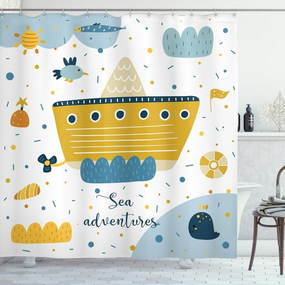 Adventure Nursery Shower Curtain, Sea Adventures Icons Ship Baby Whale Puffy Clouds Fishes, Fabric Bathroom Set with Hooks, 69W X 84L Inches Extra Long, Earth Yellow and Blue Grey, by Ambesonne