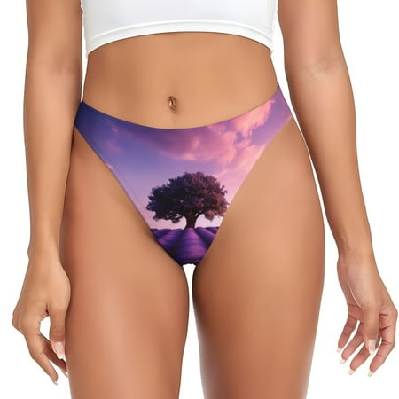 Qokaie Lavender Field Sunset Printed Women s Cotton Thong Underwear  Sexy Breathable Panties G-string-Medium