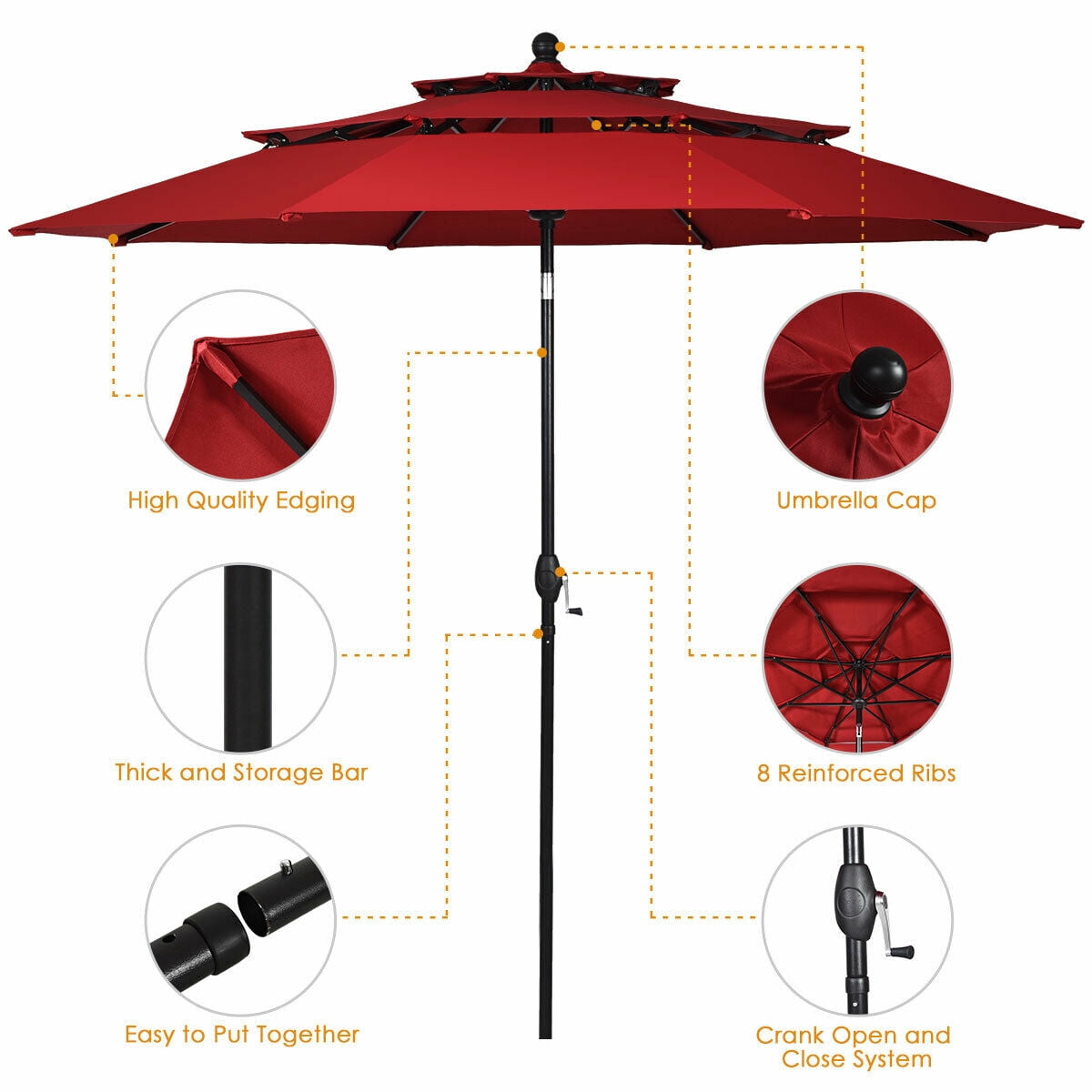 Gymax 10ft 3 Tier Patio Market Umbrella Aluminum Sunshade Shelter Double Vent Burgundy