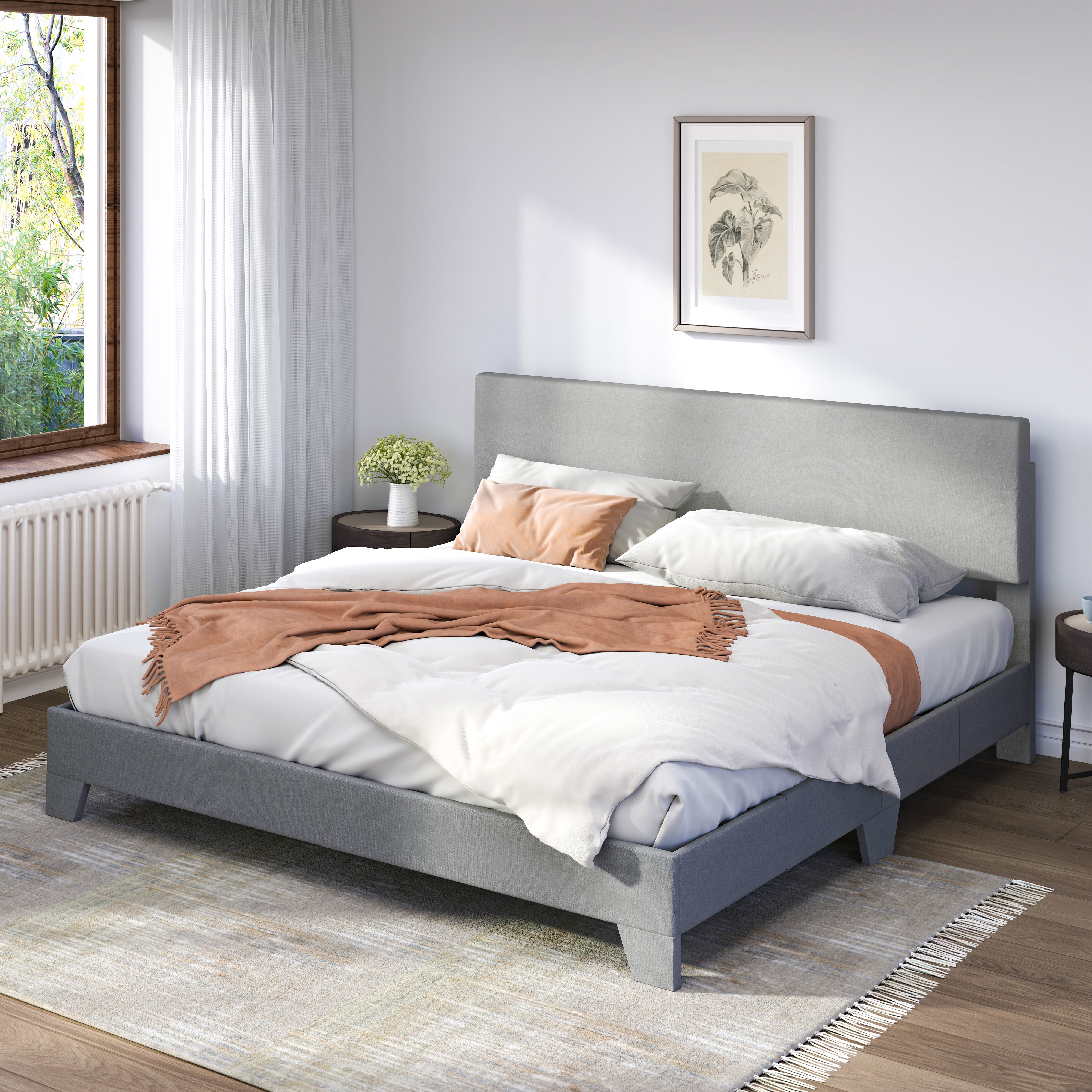 Sifurni King Size Platform Bed Fame with Upholstered Adjustable Fabric Headboard, Light Grey