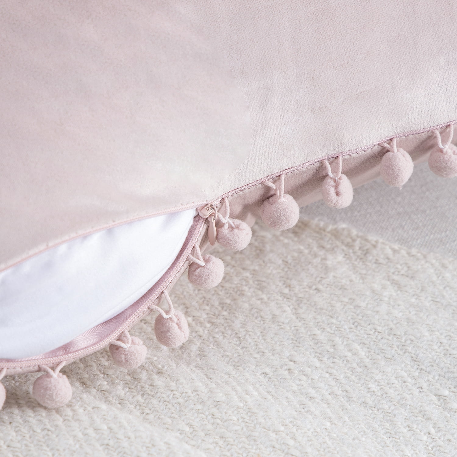 Phantoscope Light Pink Throw Pillow Covers 2 Pack, 12" x 20" Velvet Decorative Pillow Cases with Pom Poms, Soft Square Cushion Covers for Couch Sofa Bed