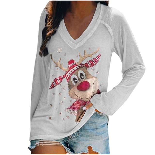Moda mujer Casual cuello en V Navidad impreso manga larga camiseta blusa Tops Pompotops gfhjh20759