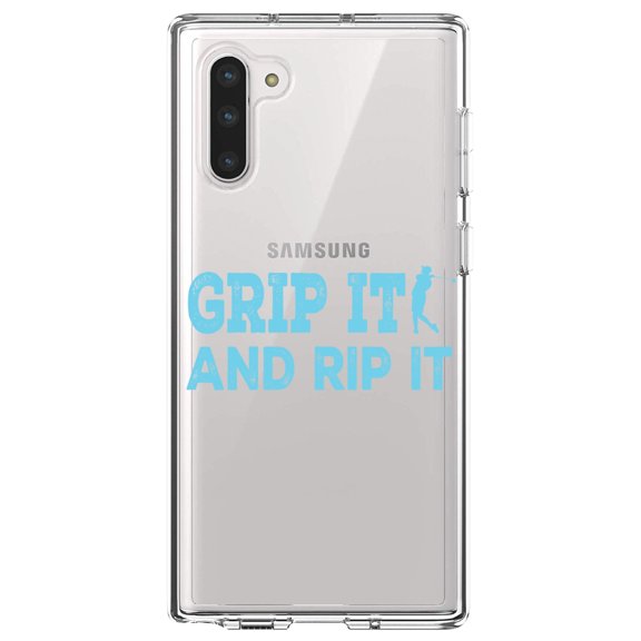 DistinctInk Clear Shockproof Hybrid Case for Samsung Galaxy Note 10 (6.3" Screen) - TPU Bumper Acrylic Back Tempered Glass Screen Protector - Golf Grip It And Rip It