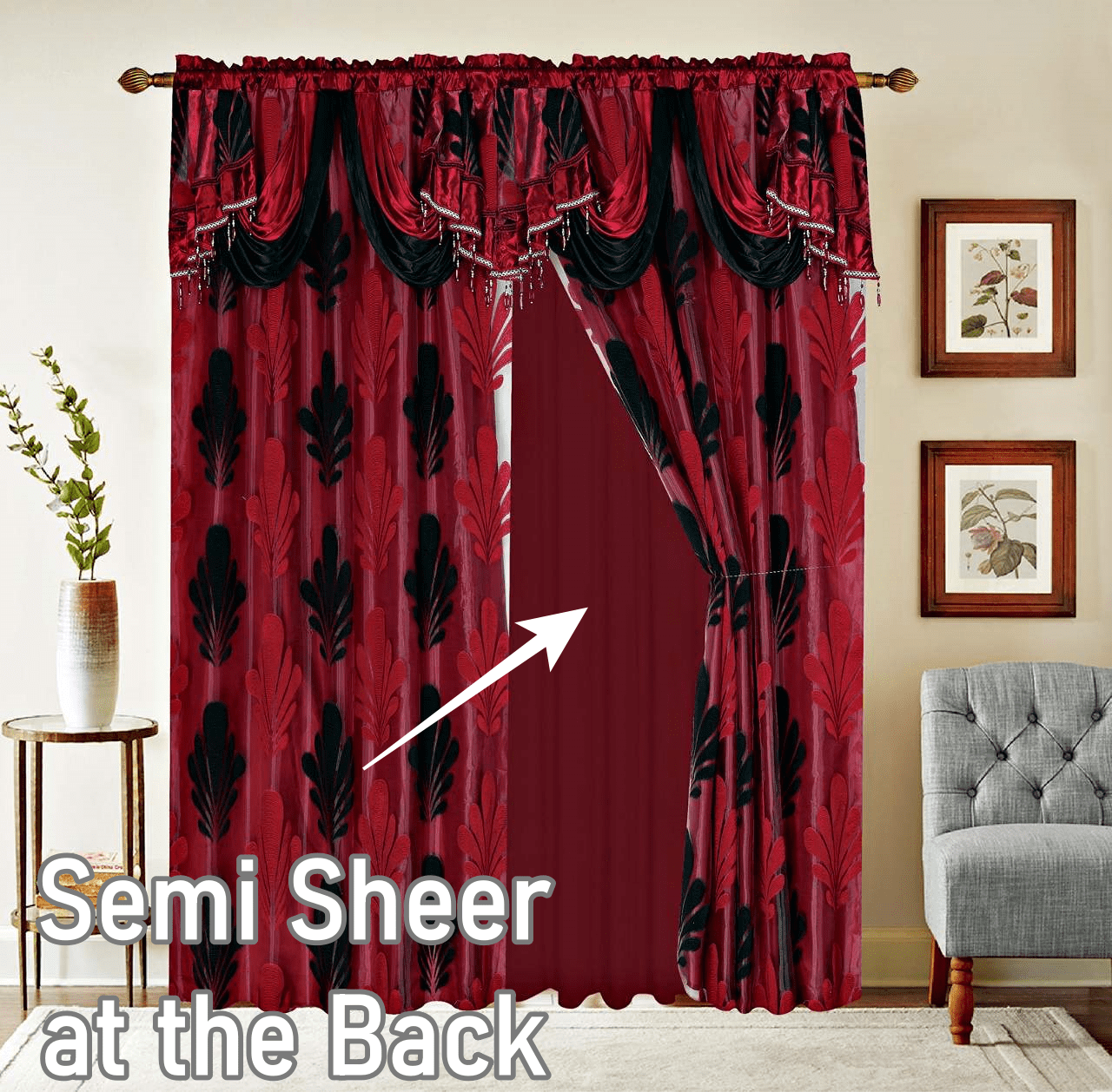 Complete Set Shopia 2 Tone Luxury Jacquard Chiffon with Attached Valance with Beads and Tassels Window Curtain Bedroom, Living Room, and Dining Room (108 x 84 inches)