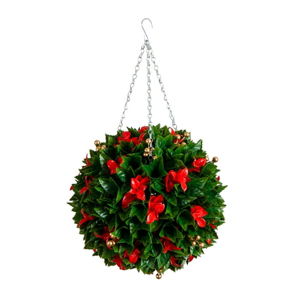 Nearly Natural 15in. UV Resistant Artificial Red Tip Photinia Christmas Hanging Ball with Gold Berries (Indoor/Outdoor)