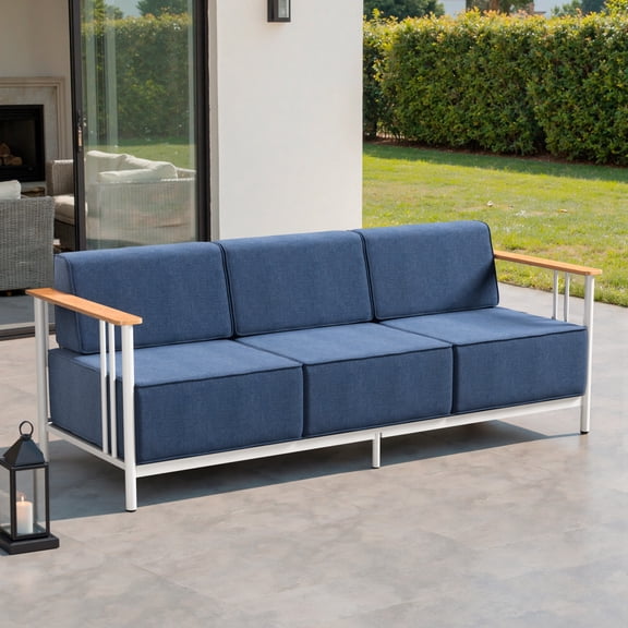 Unnifurnzi Outdoor Patio Couch-High Back 3 Seater Outdoor Couch with 10 Inches Thick Cushions Outdoor Sofa for Deck Porch Poolside Balcony-White/Blue