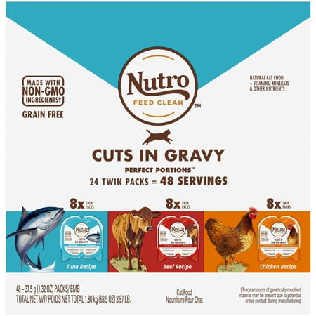 UPC: 0079105126502 | Nutro Grain Free Natural Wet Cat Food Cuts In Gravy Beef Recipe  Tuna Recipe  And Chicken Recipe Variety Pack  (24) 2.64 Oz. Perfect Portions Twin-Pack Trays