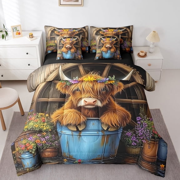 Erosebridal Farmhouse Cow Bed in a Bag King size, Highland Cattle Bed Set, Countryside Reversible Comforter Sets, Lightweight Bedroom Decoration, 7pcs