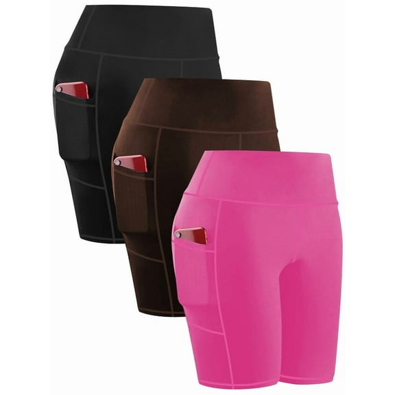 3 Pack Plus Size High-Waisted Yoga Shorts for Women with Pockets, Tummy Control Workout Running Shorts