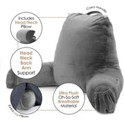 Nestl Reading Pillow, Extra Large Bed Rest Back Pillow with Arms For Bed, Premium Shredded Memory Foam Backrest Pillows, Detachable Neck Roll & Lumbar Back Support Pillow, Gray