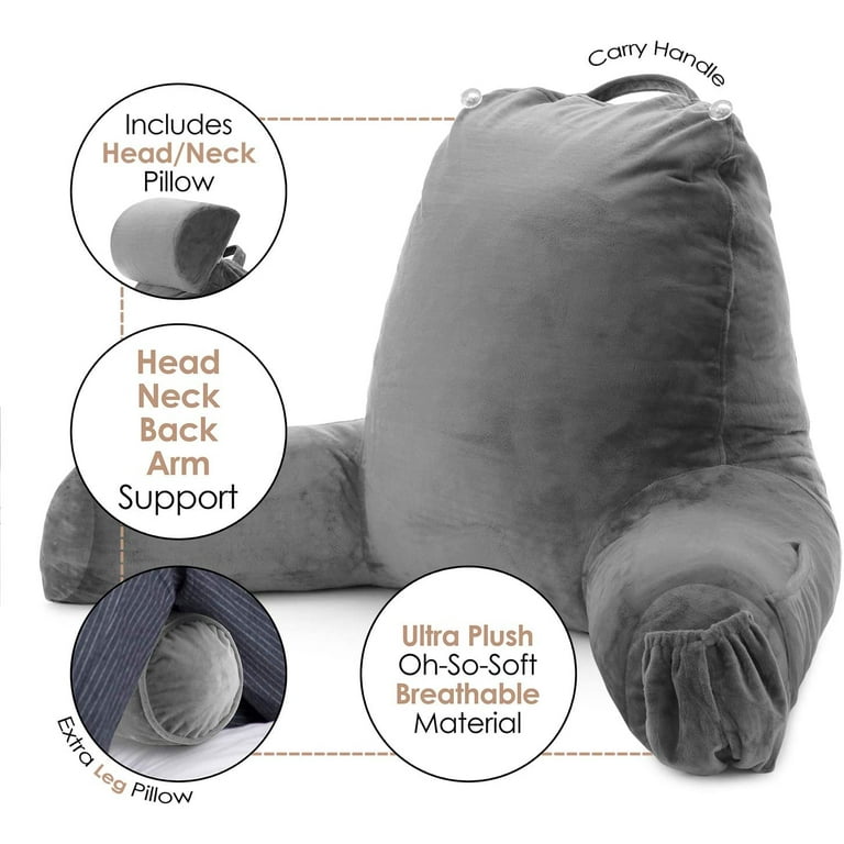 Nestl Backrest Reading Pillow, Bed Rest Pillow with Arms, Shredded Memory Foam Back Support Pillows, Large, Gray, Size: Premium Large