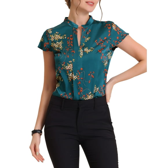 Allegra K Women's Satin Tops Vintage Floral Cap Sleeves Summer Work Business Shirt Blouses XL Navy Blue