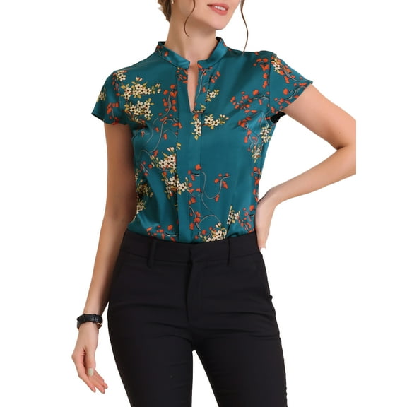 INSPIRE CHIC Valentine's Day Women's Satin Tops Vintage Floral Cap Sleeves Summer Work Business Shirt Blouses XS Navy Blue