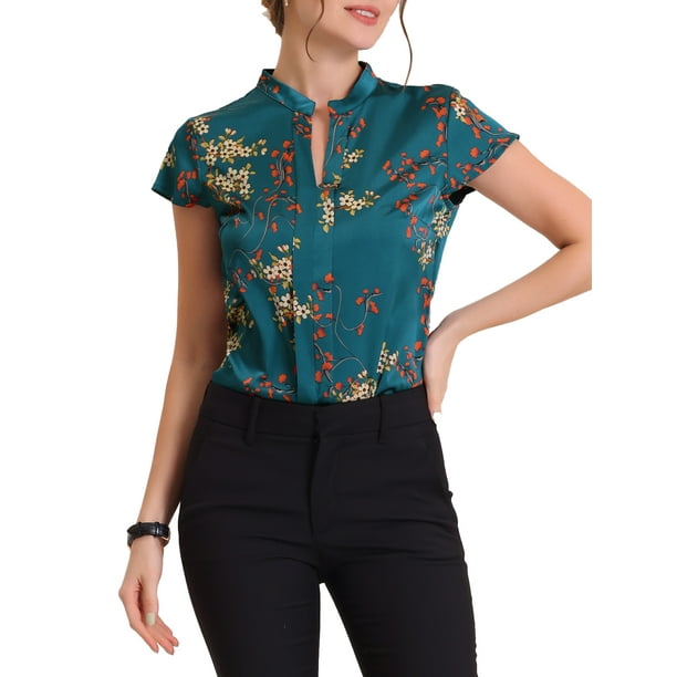 Blusas de trabajo Satin Inspire Chic para mujeres, blusa casual de negocios con mangas de capucha, floral vintage, color azul marino-floral