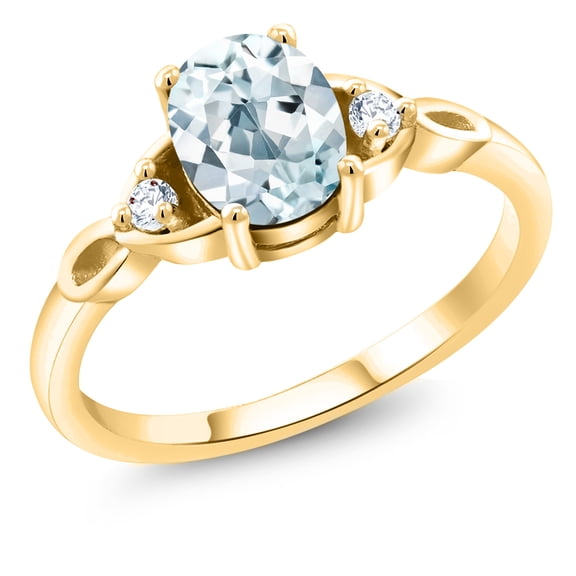 Gem Stone King 18K Yellow Gold Plated Silver Sky Blue Aquamarine and Red Garnet 3-Stone Rings for Women (1.30 Cttw, Gemstone March Birthstone, Oval 8X6MM, Size 9)