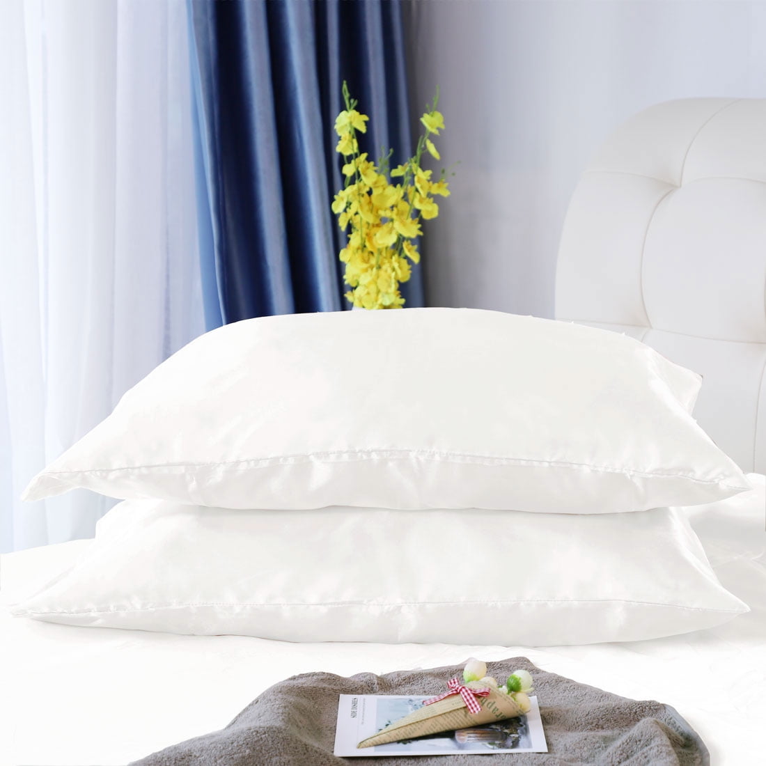 Unique Bargains Satin Duvet Cover Set of 3 with 2 Pillowcase King Cream White