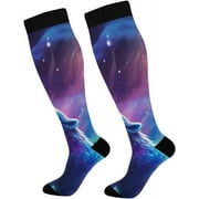 Bestwell Beautiful Dream Starry Wolf Compression Socks Women Men Knee High Stockings for Sports,Running,Travel 1Pair