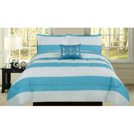 Awning Stripe Bedding - Nautical Twin Comforter Blue White Stripe Bedspread Bedding 3 Piece Bed Set Embroidered Anchor Pillow