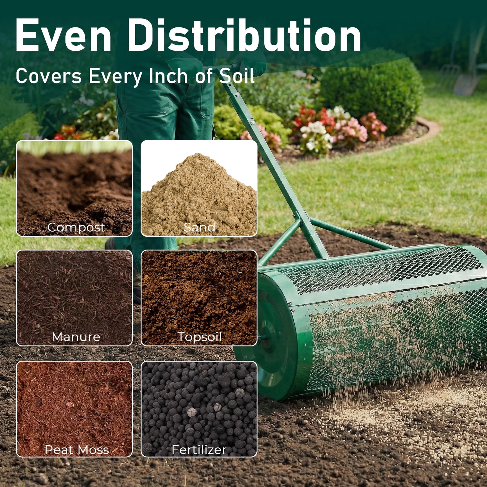Ktaxon 30" Compost Spreader with Adjustable Handle, Green Steel Mesh Basket for Peat Moss & Manure