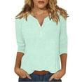 thumbnail image 1 of DENGDENG Womens 3/4 Sleeve Tops Plus Size Casual V Neck Basic Tees Button Down Summer Elbow Shirts Solid Color Three Quarter Length Tunics Cute Spring Clothes Light Blue S, 1 of 5