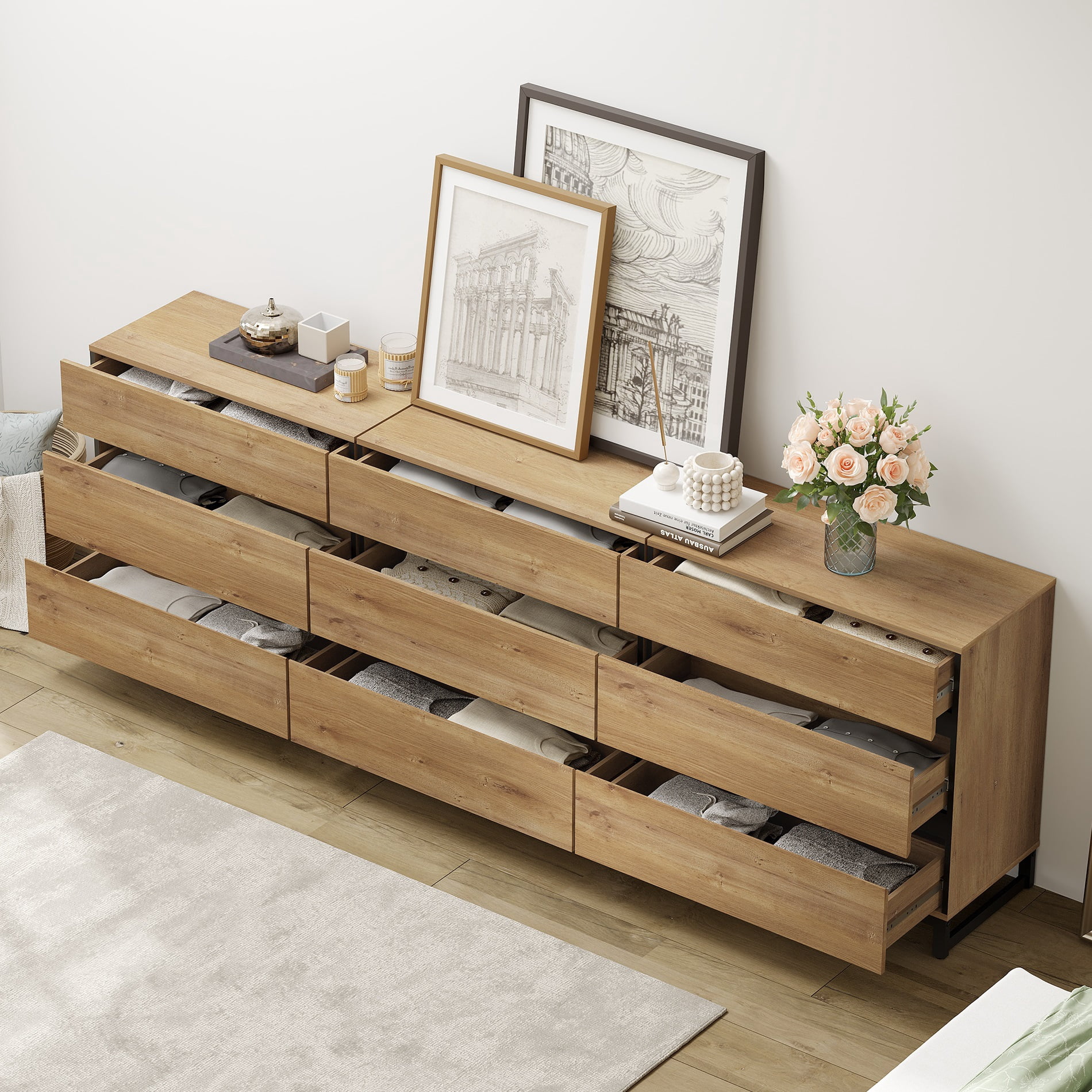 Modern Wood Dresser with 9 Drawers and Sturdy Metal Base, Multi-Functional Chest of Drawers Storage Organizer for Bedroom, Living Room, Hallway and Entryway, Oak