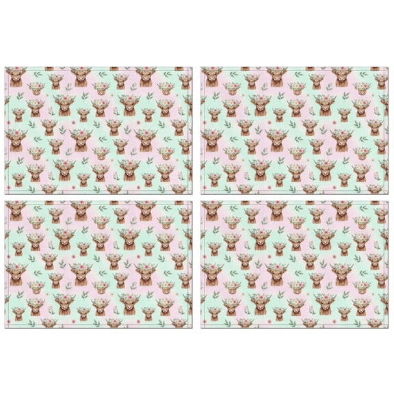 Green Highland Cow Flower Pattern Summer Placemats Table Placemats Set Of 4-Linen Kitchen Washable Placemats Table Mats 11.8"x17.7" Non-Slip Heat Resistant