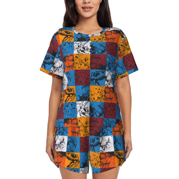 Balery colorful plaid Dinosaur Conjunto de Pijama para Mujer con Estampado, Dos Piezas de Manga Corta y Shorts, Ropa de Dormir Suave con Cuello Redondo y Bolsillos-Medium