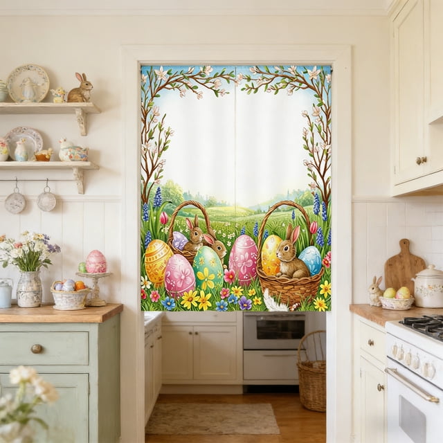 Decorative Curtain Rods Easter-Themed Kitchen Sink Divider and Cabinet Dustproofs Curtain 39.37x27.56 Inches Multicolor Polyester Kitchen Curtain Rod