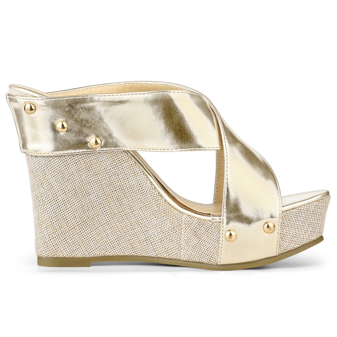 DARING DIVA Women's Stylish Open Toe Linen Platform Slide Wedge Sandals Gold 7.5