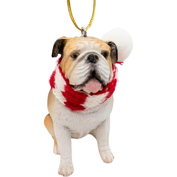 English Bulldog Dog Lovers Christmas Tree Ornament with Candy Cane Scarf