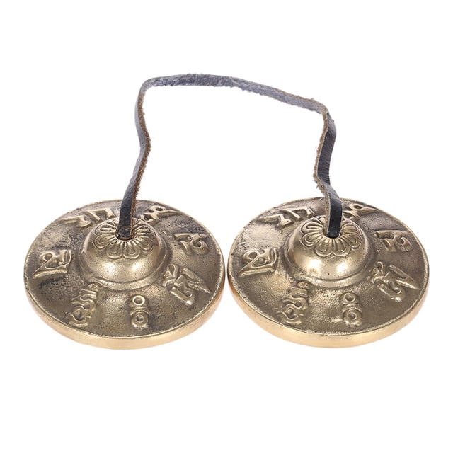 Campanas de meditación en latón dorado de 6.5 cm con grabado de los Seis Símbolos Sagrados, ideal para prácticas espirituales y sonido puro y resonante.