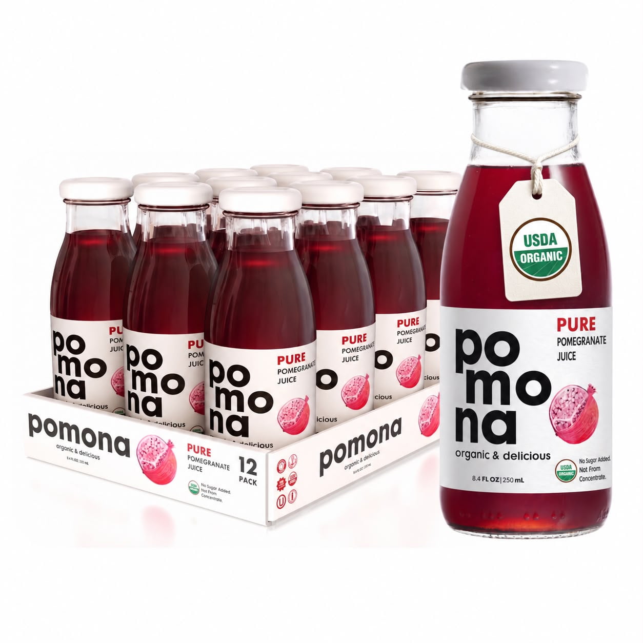 Pure Pomegranate Juice: Pack of 12 x 8.4 Ounce Bottles Cold Pressed Organic Juice Non-GMO No Sugar Added Not from Concentrate Gluten-Free Kosher Certified Preservative Free