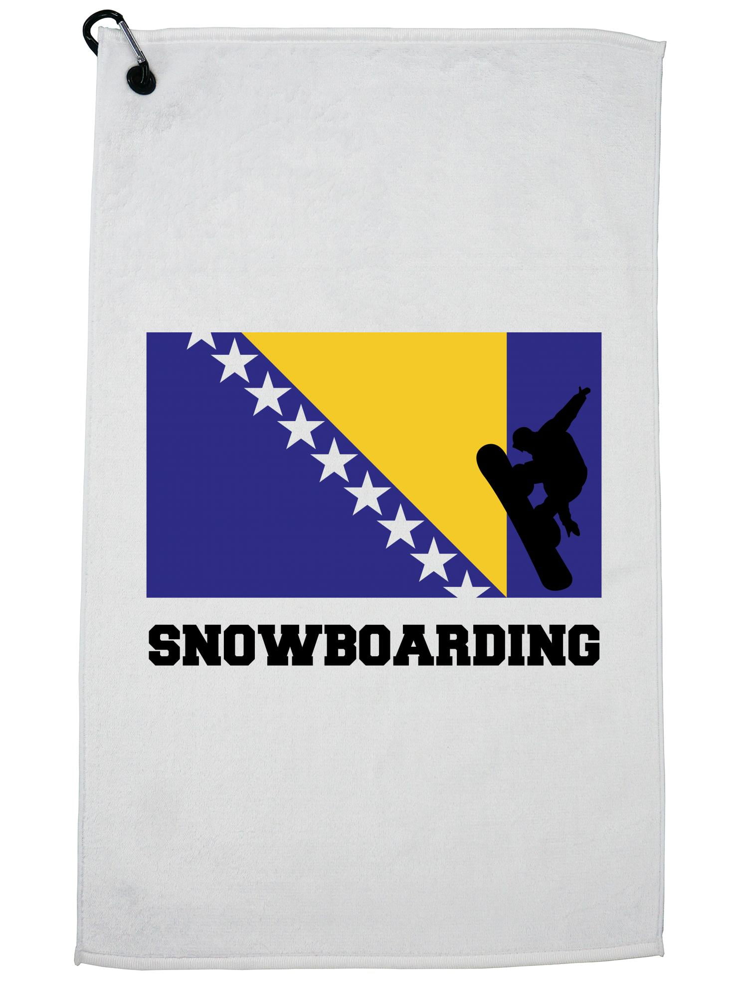 Bosnia and Herzegovina Olympic Snowboarding Flag Silhouette Golf Towel with Carabiner Clip by Hollywood Thread