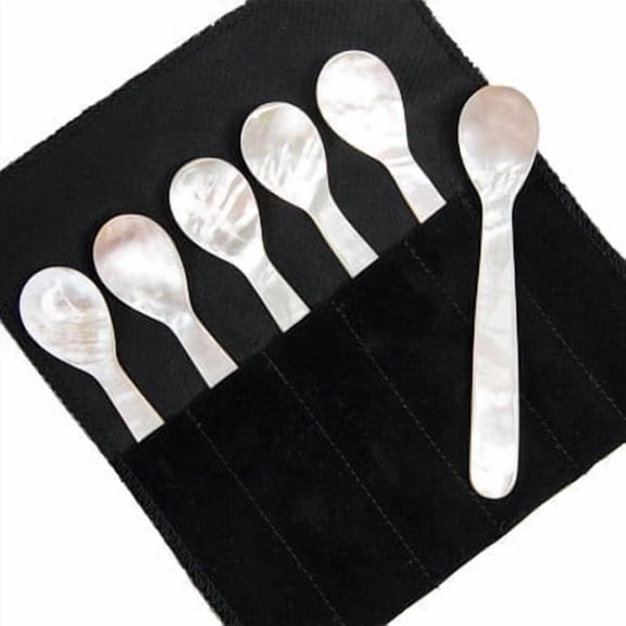 Mother of Pearl Serving Spoon 6-Pack Set, 4.5 Inch, Velvet Pouch