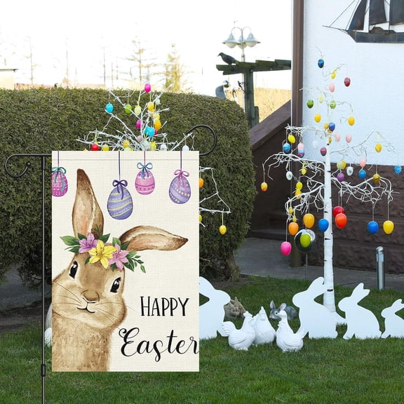 Gyryp Easter Bunny Garden Flag 12x18 Burlap, Small Vertical Easter Egg Rabit Garden Yard Flags He is Risen for Religion Easter Spring Outdoor Outside Decoration