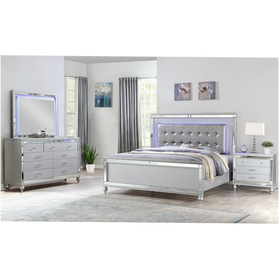 JERFIT Silver Queen 4-Piece LED Bedroom Set with Crystal Tufted Headboard, Wood Frame, Dresser, Mirror & Nightstand