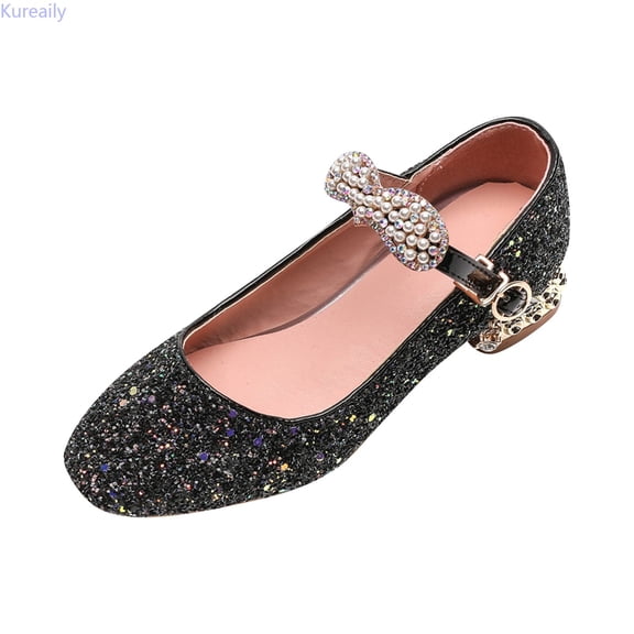 Kureaily Little/big Children Girls Summer Closed Toe Sequins Low Heel Princess Shoes Shiny Girls Shoes Daily Shoes 7-8 Years