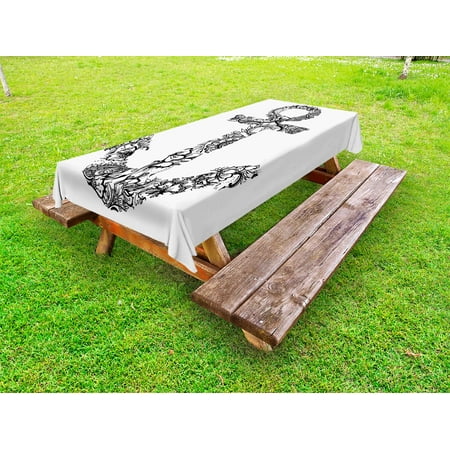 

Anchor Outdoor Tablecloth Anchor Shape Flower Floral Ornamental Silhouette Vacation Old Times Happiness Print Decorative Washable Fabric Picnic Tablecloth 58 X 120 Inches Black White by Ambesonne
